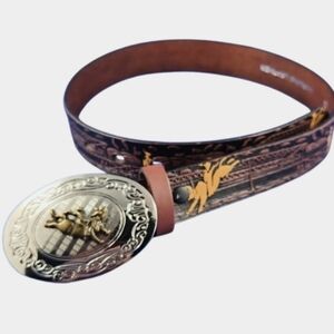 Western Genuine Leather NOCONA Belt Rodeo Design Engraved Silver Buckle (24)